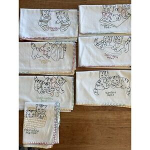Vintage Days Of The Week Embroidered Cat Tea Kitchen Towels Tea Party Set if 7